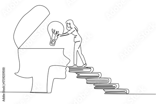 Single continuous line drawing a woman walks carry a big lightbulb towards a silhouette of a head with open top. Instilling peace of mind. National Creativity Day. One line design vector illustration