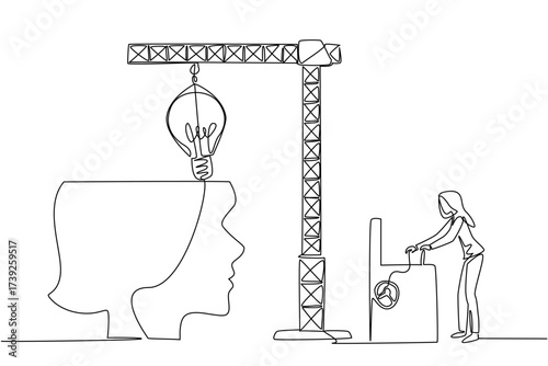 Continuous one line drawing a woman controls crane inserts lightbulb into big open silhouette of a head. Memory reconstruction. National Creativity Day. Single line draw design vector illustration