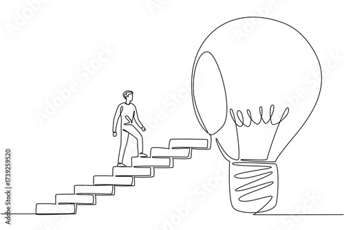 Single one line drawing a man walks up a ladder towards big lightbulb with hole in the center. Closing the gap. Clearing the mind. National Creativity Day. Continuous line design graphic illustration