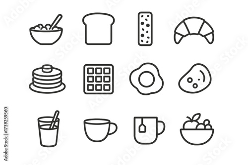 Breakfast Icon Set. Breakfast foods. Line icon set of breakfast foods: cereal bowl, toast, granola bar, croissant, pancake stack, waffle, fried egg, omelette,