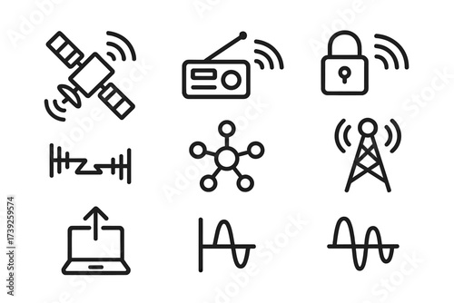Electronic Warfare Icons. Outline icon set of electronic warfare communication: satellite link, radio transmission, encrypted channel, signal relay, network