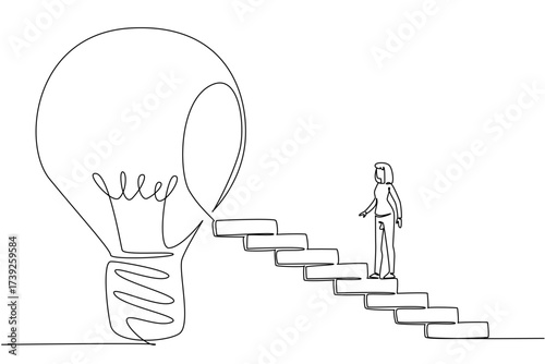 Single continuous line drawing woman walks up ladder towards big lightbulb with hole in center. Education increases the level of thinking. National Creativity Day. One line design vector illustration