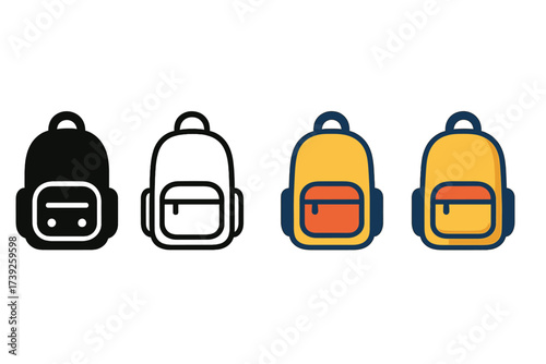 Backpack Icon Styles. Vector icon school backpack same pose same proportions four styles black solid glyph outline minimal flat multicolor filled cartoon flat