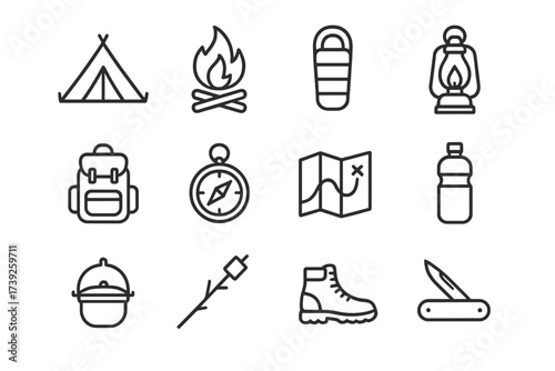 Camping Icon Set. Camping. Line icon set of camping: tent, campfire, sleeping bag, lantern, backpack, compass, map, water bottle, cooking pot, marshmallow