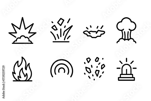 Mine Effects Icons. Outline icon set of mine effects: explosion blast, shrapnel, crater, smoke cloud, fire burst, shockwave, debris, alarm siren. Line icons in