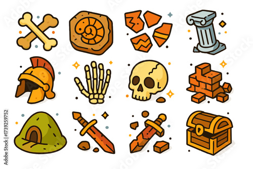 Colorful Ancient Icons. Remains. Colorful isometric vector icons set of remains: ancient bones, fossil in stone, pottery shards, ruined column, broken helmet,