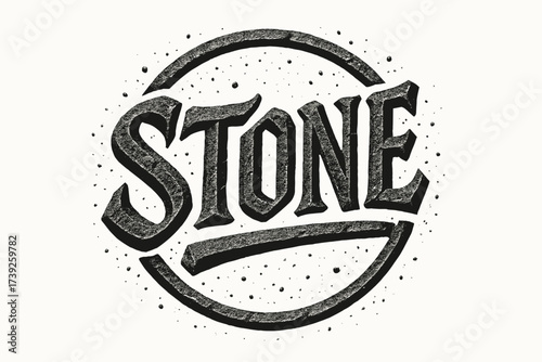 Rustic Stone Calligraphy. Stone, rustic bold calligraphy, chiseled heavy strokes, surrounded by dust specks, circular frame composition, clean white