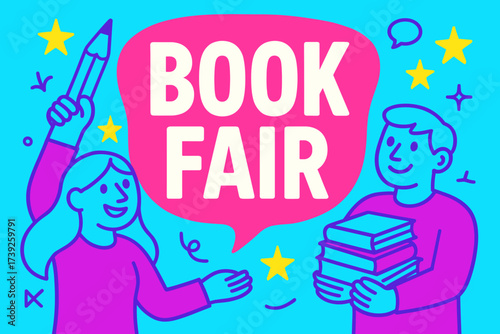 Vibrant Book Fair Banner. Book Fair banner, flat vector illustration, bold oversized text inside rounded blob, cartoon characters holding pencils and books,