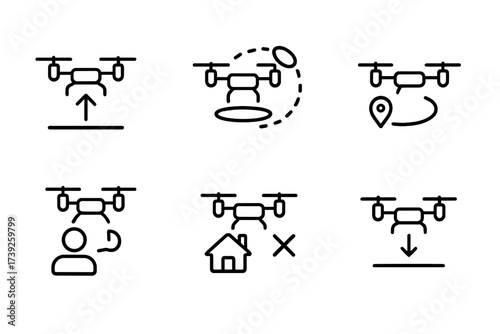 Drone Icon Set. Outline icon set of drone flight actions: takeoff, landing, hovering, orbit, waypoint navigation, follow me mode, return home, emergency stop.