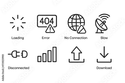 Black Icon Collection. Outline icon set of internet errors and status: loading spinner, error , no connection, slow network, disconnected, signal strength,
