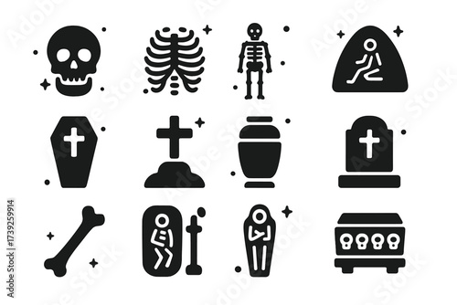 Iconic Burial Symbols. Human remains. Solid icons set of skull, ribcage, skeleton, burial site, coffin, grave marker, urn, tombstone, bone fragment, ancient