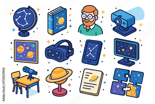 Space Education Icons. Space science education. Colorful isometric vector icons set of space science education: globe with constellations, astronomy textbook,