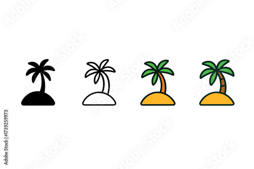 Tropical Island Icons. Vector icon tropical island with palm tree same pose same proportions four styles black solid glyph outline minimal flat multicolor