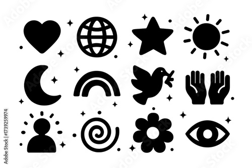 Universal Love Icons. Universal love. Solid icons set of universal love: heart, globe, star, sun, moon, rainbow, dove, hands, aura, spiral, flower, eye. Filled