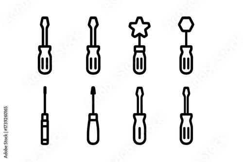 Screwdriver Icon Set. Outline icon set of screwdriver types: flathead, Phillips, Torx, hex, Robertson, precision, electric, ratchet. Line icons in only black