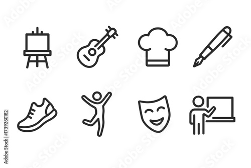 Passion Professions Icons. Outline icon set of passion professions: artist easel, musician guitar, chef hat, writer pen, athlete shoe, dancer, actor mask,