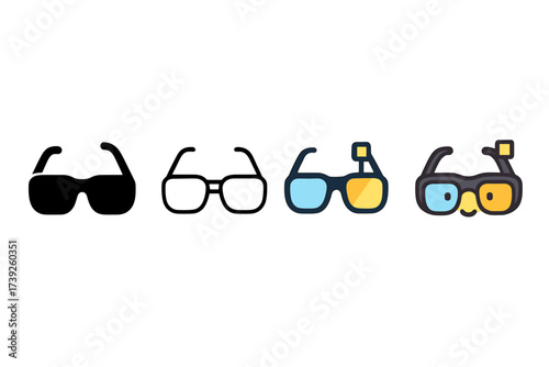 Stylized AR Glasses Icons. Vector icon AR glasses same pose same proportions four styles black solid glyph outline minimal flat multicolor filled cartoon flat