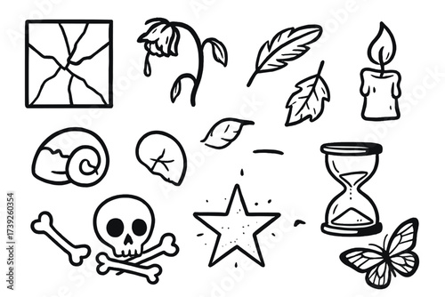 Symbols of Fragility. Fragility. Hand-drawn doodle illustration broken glass, wilting rose, feather, fallen leaf, candle flame, cracked shell, skull, empty