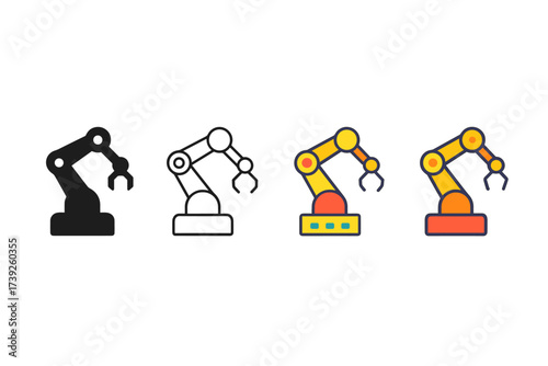 Smart Factory Icon Styles. Vector icon smart factory robotic arm same pose same proportions four styles black solid glyph outline minimal flat multicolor