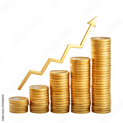A golden arrow graph showing upward trend superimposed on stacks of gold coins, isolated on transparent background