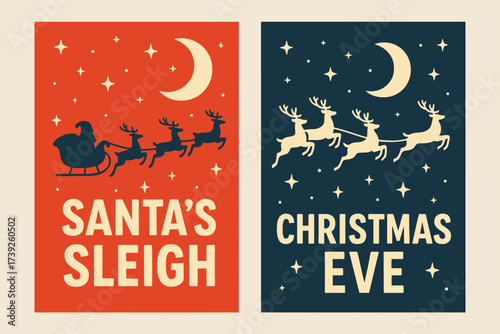 Festive Sleigh Banners. Two vertical A6 banners, flat vector design, red and navy backgrounds, sleigh with reindeers flying, stars and moon, first banner with