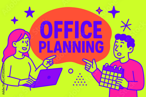 Vibrant Office Planning Banner. Office Planning banner, flat vector illustration, bold oversized text inside rounded blob, cartoon characters pointing with
