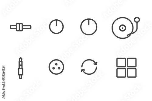 DJ Mixer Icon Set. Outline icon set of DJ mixer elements: crossfader, cue button, effect knob, vinyl turntable, headphone jack, microphone input, beat sync,