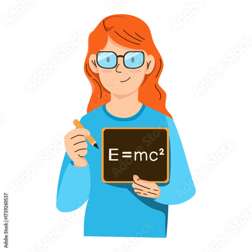 Friendly Teacher Demonstrating E=mc² On Chalkboard In Bright Classroom For Science Education