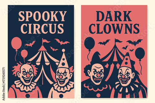 Spooky Circus Banners. Two vertical A6 banners, flat vector design, navy and pink backgrounds, spooky circus tent, creepy clowns, balloons and bats, first