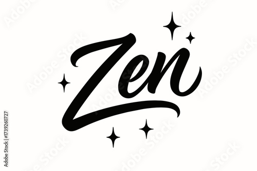 Zen Brush Elegance. Zen, brush lettering, smooth flowing tone, surrounded by sparkles, diagonal decorative composition, clean white background, vector look,