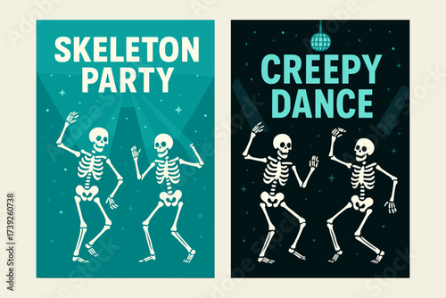 Skeleton Dance Banners. Two vertical A6 banners, flat vector design, turquoise and black backgrounds, glowing skeletons dancing, disco lights, halloween party