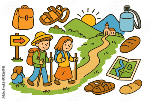 Colorful Pilgrimage Journey. Pilgrimage journey. Colorful Hand-drawn doodle Children illustration pilgrimage journey walking pilgrims, road sign, backpack,