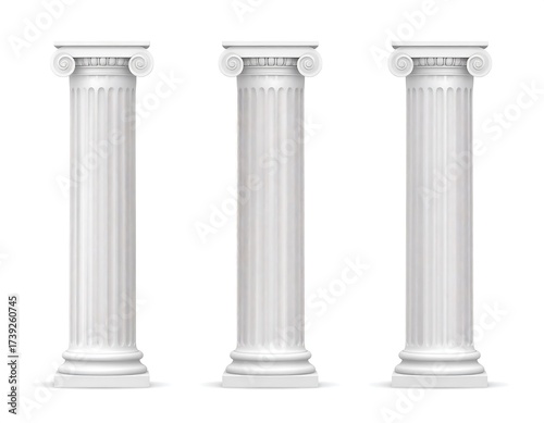 Three Classical Columns in White: Illustration of Ancient Greek Architecture
