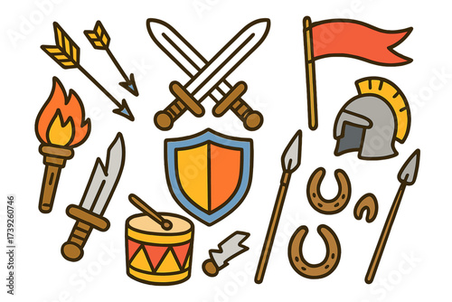 Colorful Battlefield Symbols. Battlefield symbols. Colorful Hand-drawn doodle Children illustration battlefield symbols crossed swords, shield, arrows, flaming
