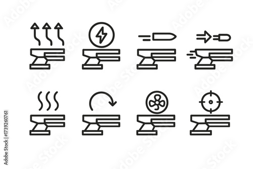 Railgun Icon Sequence. Outline icon set of railgun firing sequence: charge buildup, electromagnetic pulse, projectile launch, recoil, heat dissipation, reload,