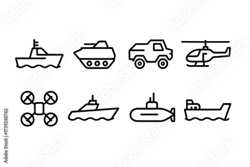 Coastal Defense Icons. Outline icon set of coastal defense vehicles and vessels: patrol boat, amphibious assault vehicle, armored truck, helicopter, drone,