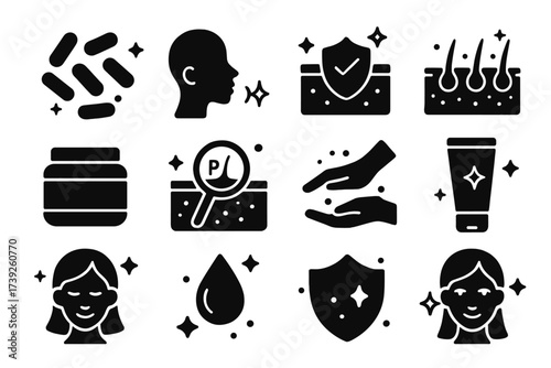 Skin Microbiome Icons. Skin microbiome. Solid icons set of skin bacteria, face profile, protective skin barrier, healthy pores, skincare jar, magnifying glass