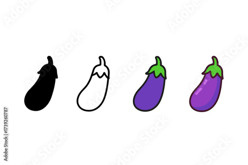 Eggplant Icon Styles. Vector icon eggplant vegetable same pose same proportions four styles black solid glyph outline minimal flat multicolor filled cartoon