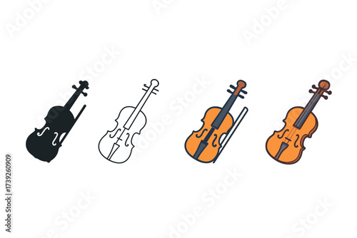 Violin Icon Styles. Vector icon violin same pose same proportions four styles black solid glyph outline minimal flat multicolor filled cartoon flat shaded. Set