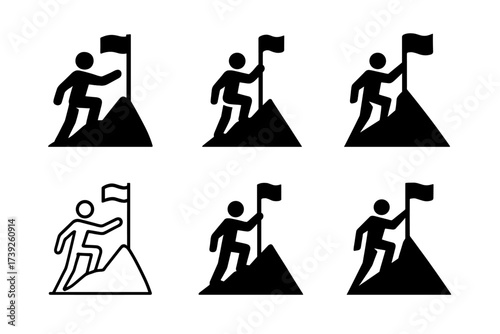 Summit Achievement Logos. reaching the summit. Set Logo of reaching the summit: climber with flag. harmonious logo variations of the same emblematic concept,
