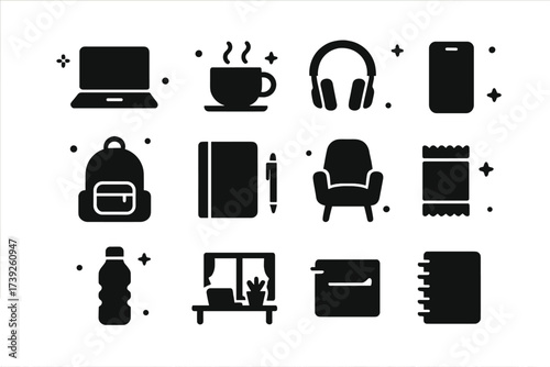 Freelancer Icons Grid. Freelancer lifestyle. Solid icons set of laptop, coffee cup, headphones, phone, backpack, notebook, pen, casual chair, water bottle,