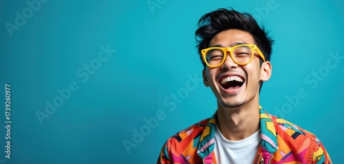 Young asian man laughs with mouth wide open eyes closed. He wears yellow glasses and colorful jacket. The background is vivid blue with free space for text.