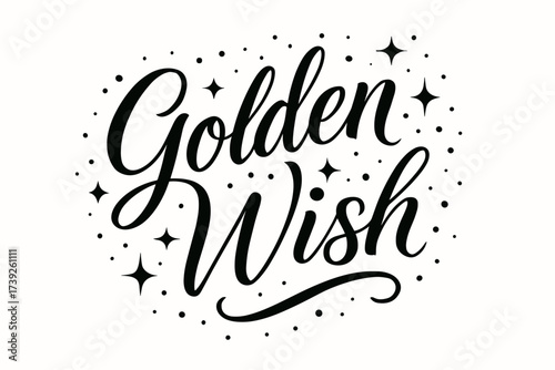Elegant Festive Calligraphy. Golden Wish, elegant calligraphy lettering, festive tone, surrounded by dots and sparkles, diagonal decorative composition, clean