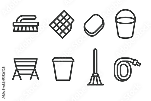 Field Kitchen Cleaning Icons. Outline icon set of field kitchen cleaning tools: scrub brush, dishcloth, soap bar, rinse bucket, drying rack, waste bin, mop,
