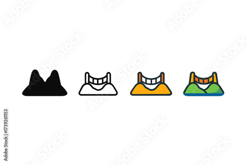Island Vector Icon Set. Vector icon island with bridge rope same pose same proportions four styles black solid glyph outline minimal flat multicolor filled