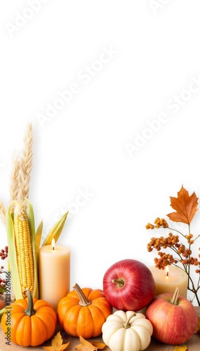 Autumn harvest display with pumpkins, apples, and candles on white background  