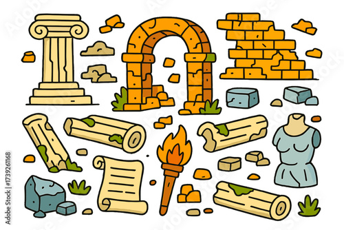 Cartoon Ancient Ruins. Ancient ruins. Colorful Hand-drawn doodle Children illustration ancient ruins fallen columns, crumbled wall, archway, cracked bricks,