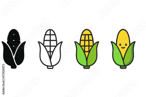 Corn Cob Icons. Vector icon corn cob same pose same proportions four styles black solid glyph outline minimal flat multicolor filled cartoon flat shaded. Set