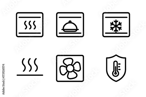 Oven Temperature Icons. Outline icon set of oven temperature zones: baking zone, broiling zone, warming zone, cooling zone, heat source, fan circulation,