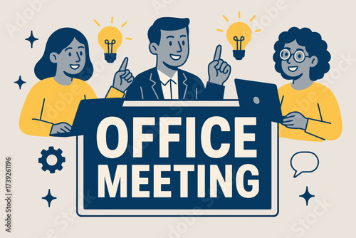 Office Meeting Banner. Office Meeting banner, flat vector illustration, bold oversized text inside rectangular frame, cartoon characters pointing with laptops